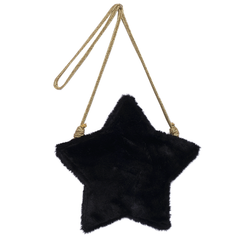 Black faux fur girls purse in the shape of a star with zipper in the back. Strap is made of gold fabric and designed by Imoga.