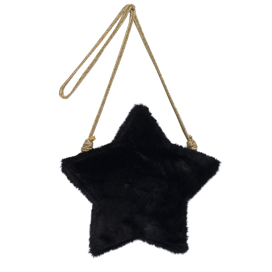 Black faux fur girls purse in the shape of a star with zipper in the back. Strap is made of gold fabric and designed by Imoga.