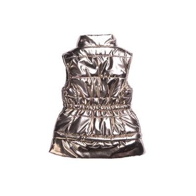 Girls high low puffer vest with front pockets in shiny gold deigned by Imoga.
