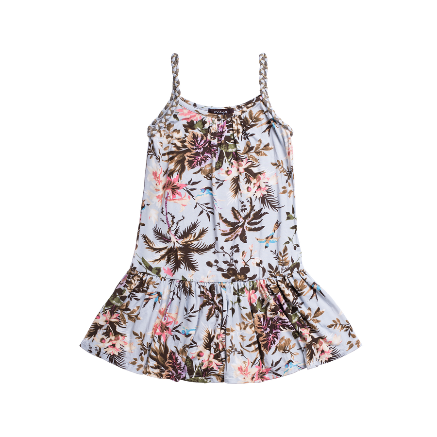 Girls tropical print summer dress with braided straps. Palm trees and hummingbirds are the main focus of this dress. Made with lightweight jersey material this dress is by Imoga.