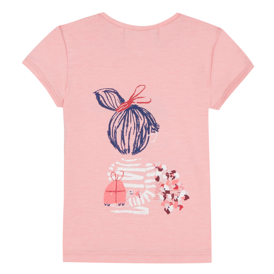 Jean Bourget short-sleeved cotton jersey T-shirt is printed with a pattern that extends into the back of a girl holding a bouquet of flowers in her hand.