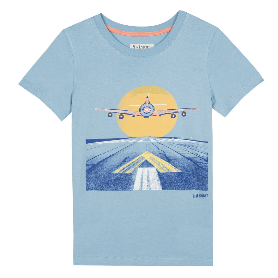 Fun and graphic, this short-sleeved tee-shirt in mint green cotton jersey is screen printed with a wave photo of an airplane getting ready for landing. Designed by Jean Bourget.