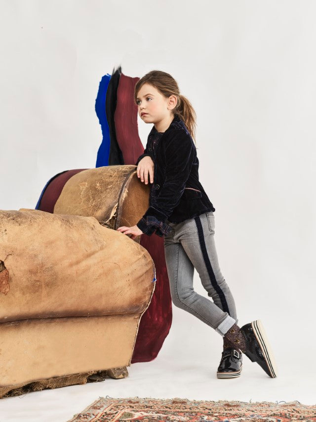 Jean Bourget classic dark grey striped denim pants near the body revisited with navy velvet stripes on the legs for a touch of whimsy.