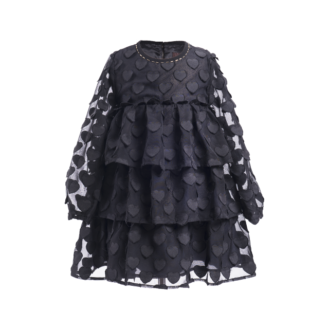 Black heart tiered chiffon A-line dress with an empire waist and ruffled appearance. Dress by Imoga.