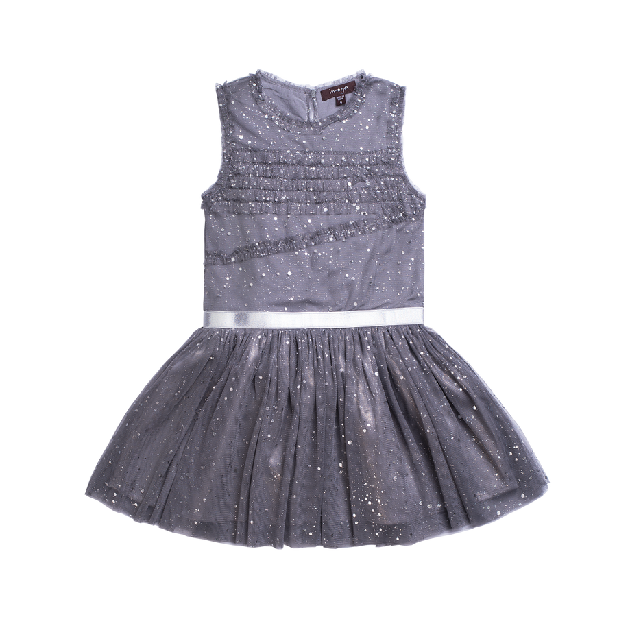 Little girls sleeveless grey party dress with a tutu skirt and shimmer throughout. A silver strap lines the waist for finished look. Dress made by Imoga.