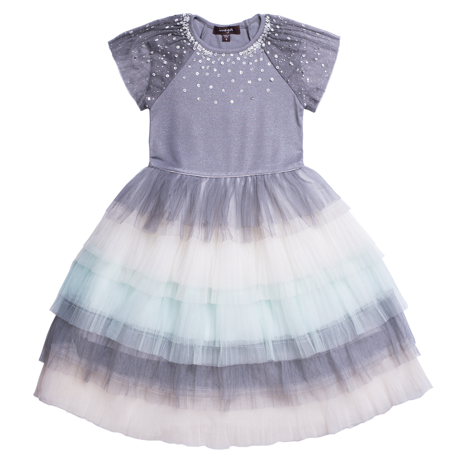 Ballerina tulle dress for girls with rhinestones decreeing the neckline and multilayered skirt with shoes of blues and grey. Image is the designer.