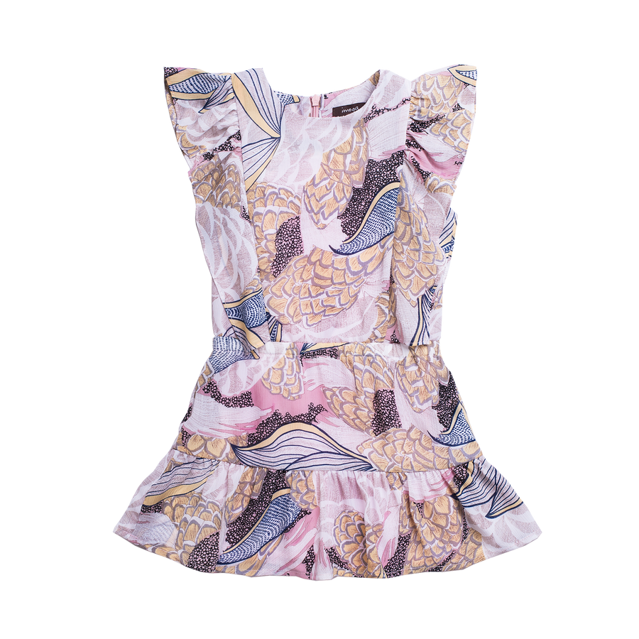 Pink sleeveless dress with feather and paisley for little girls. Dress is designed by Image.