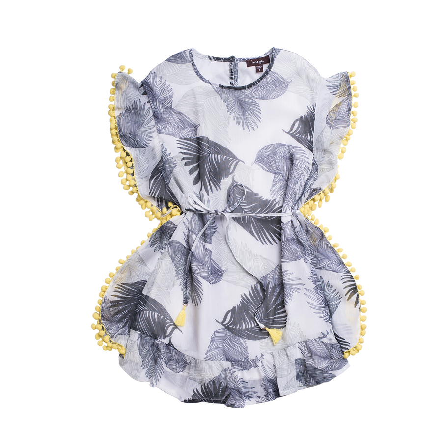 Grey sleeveless dress with feather designs all over and the sides are lined with yellow pom pom balls. By Imoga.