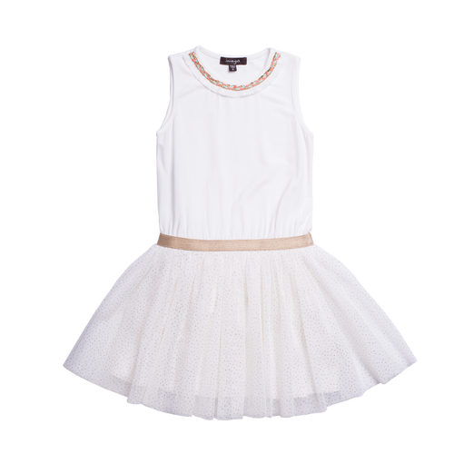 White ballerina tulle dress for girls. This dress has shimmer decorating the bottom and embellishment around the neckline. By Imoga.