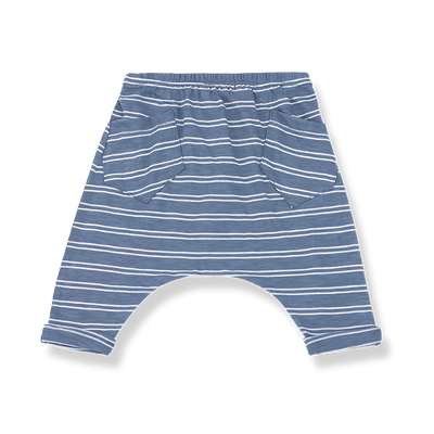 1+ In The Family baby boy indigo and white striped cotton jersey pants with two back pockets.