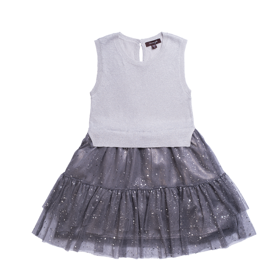 Girls sleeveless sweater dress in grey. The top has shimmer and the skirt is polyester with specs of shimmer. Designed by Imoga.