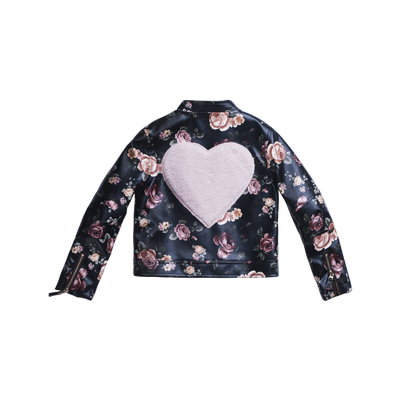 Girls faux leather jacket with pink flowers designed all over and a faux fur pink heart shaped patch on the back, by Imoga.