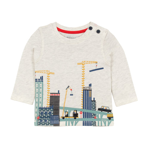 Jean Bourget long-sleeved, off-white cotton-jersey T-shirt is printed with a crisp urban landscape pattern of cranes.