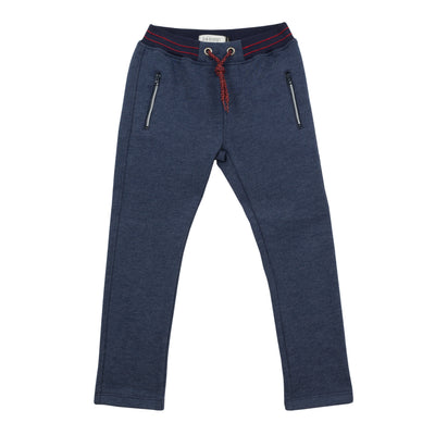 Jean Bourget indigo fleece jog is warm and practical. The elasticated belt is punctuated with red stitching.