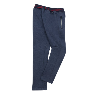 Jean Bourget indigo fleece jog is warm and practical. The elasticated belt is punctuated with red stitching.