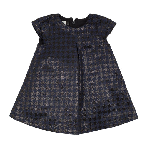 Jean Bourget black dress in polyester and cotton is decorated with a houndstooth pattern woven jacquard moiré.