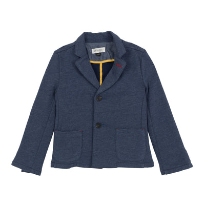 Jean Bourget denim blue cotton blazer is soft and supple. Has welt flap pockets and two buttons in the front.