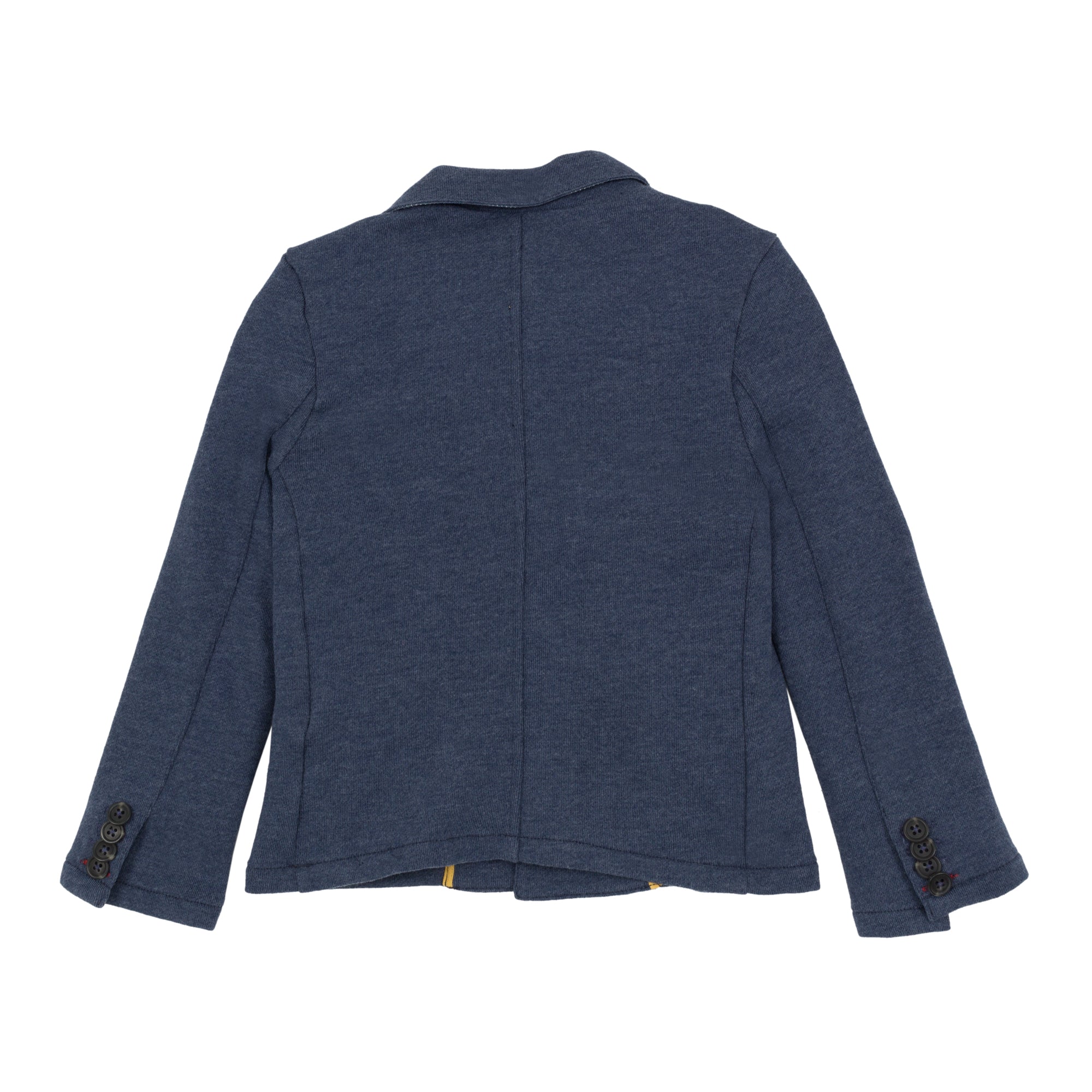 Jean Bourget denim blue cotton blazer is soft and supple. Has welt flap pockets and two buttons in the front.