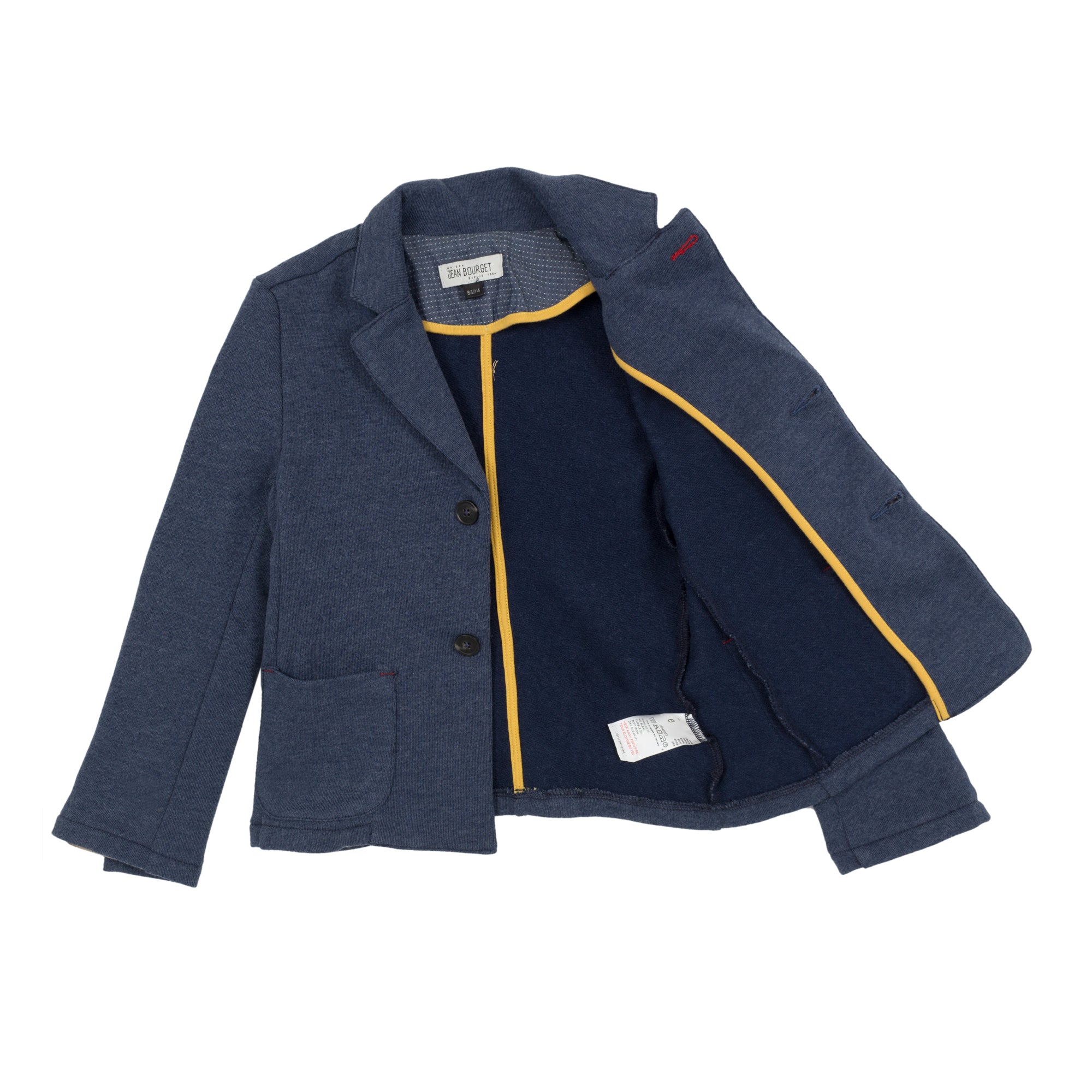 Jean Bourget denim blue cotton blazer is soft and supple. Has welt flap pockets and two buttons in the front.