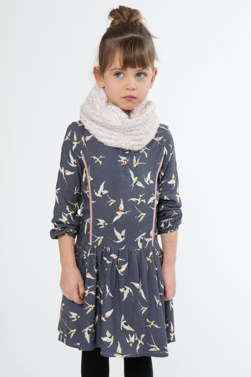 Girls Multicolored Bird Printed Grey Dress