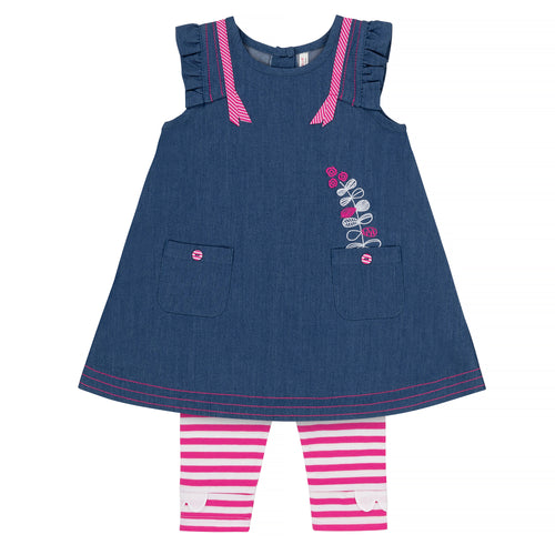 Girls Blue Dress & Fuchsia Striped Capri Legging Set