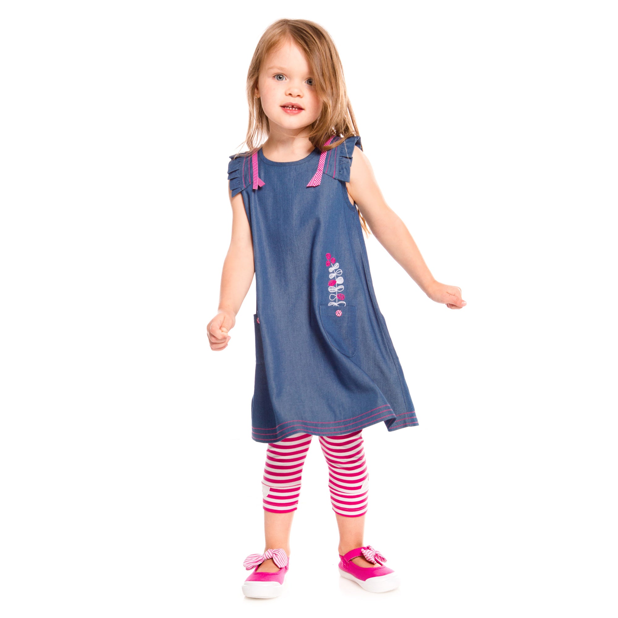 Girls Blue Dress & Fuchsia Striped Capri Legging Set