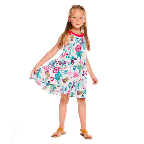 Girls Cactus Printed Flare Cotton Dress With Tassels