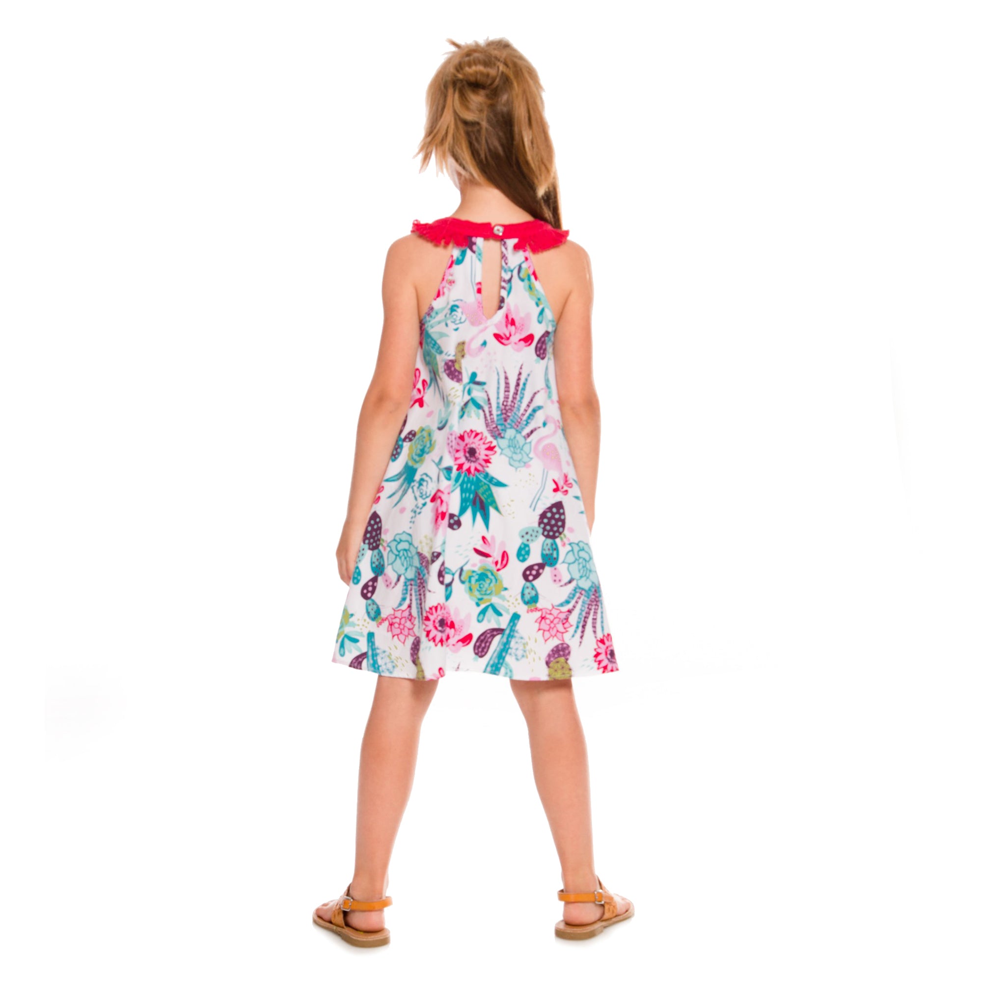 Girls Cactus Printed Flare Cotton Dress With Tassels