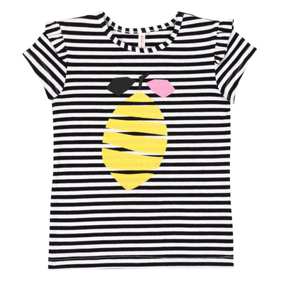 Girls Black and White Striped with Lemon Organic Cotton T-Shirt