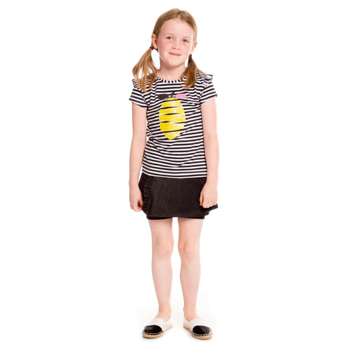 Girls Black and White Striped with Lemon Organic Cotton T-Shirt