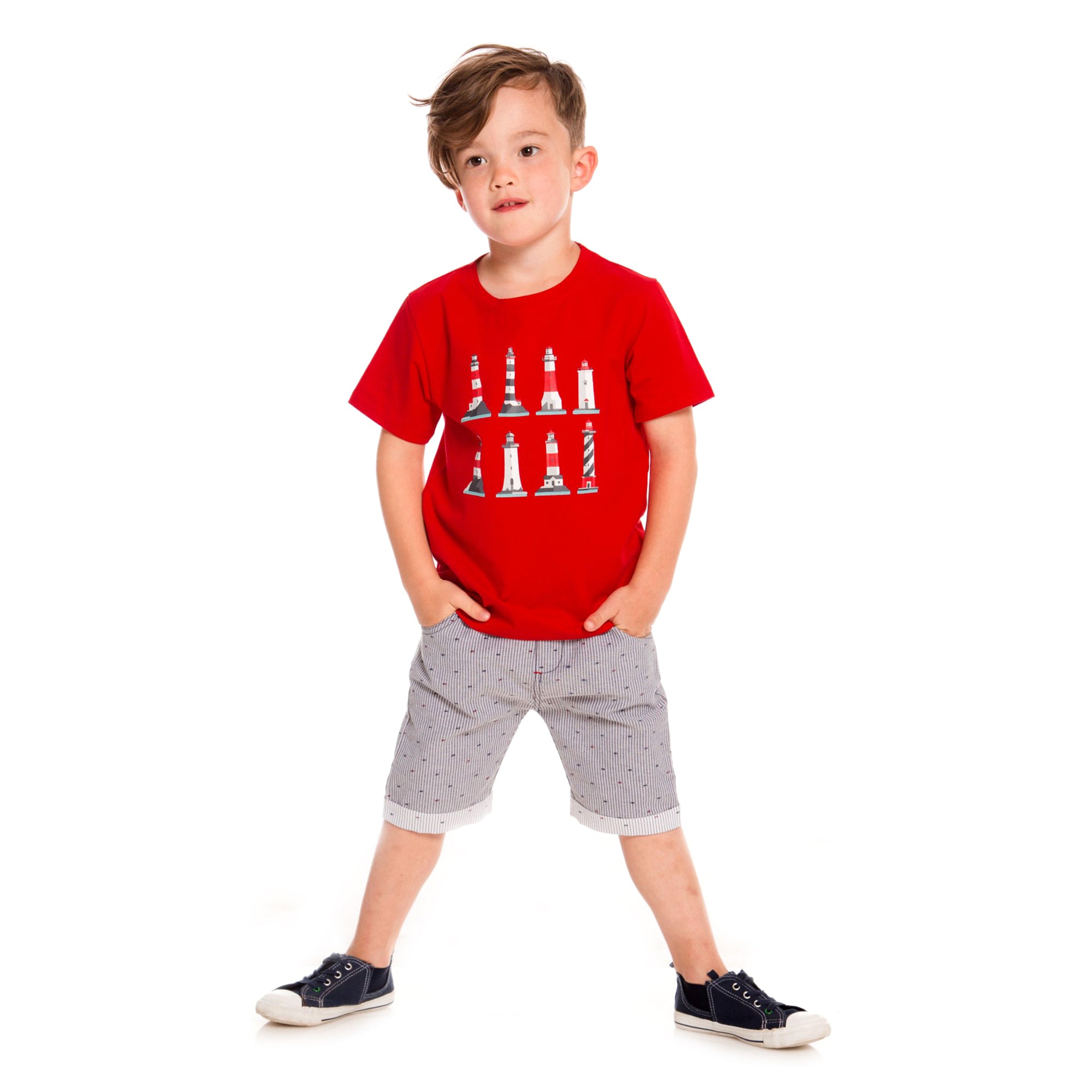 Striped Short With Printed Fishbones For Boys