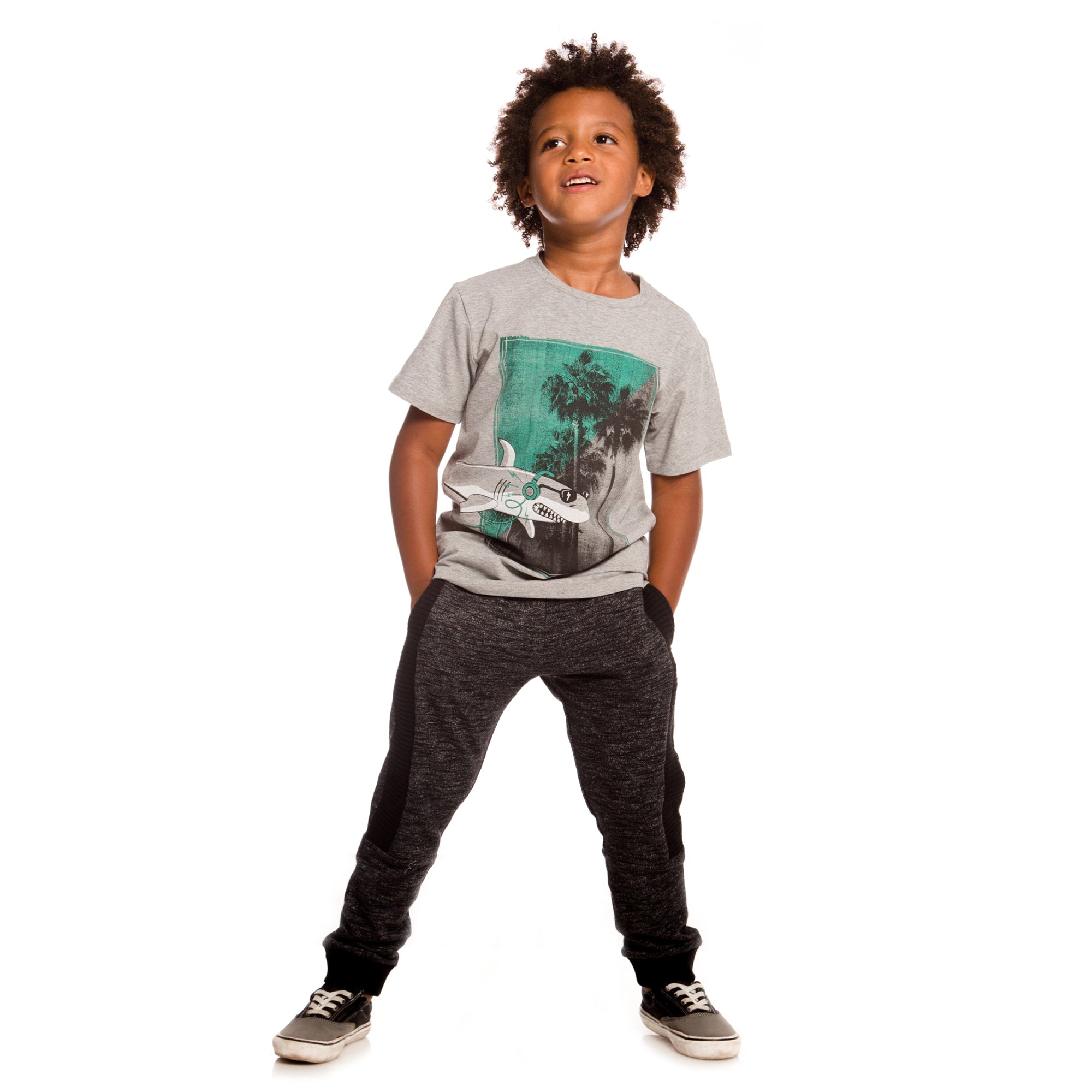 Boys Grey Mix T-Shirt With Shark Print