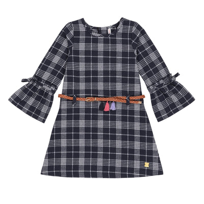 Girls Navy Plaid Dress with Belt