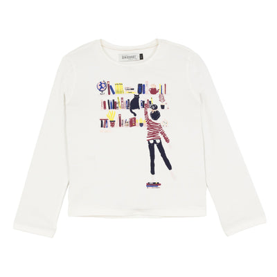 Jean Bourget ivory cotton-jersey long-sleeved tee is printed with a graphic and colorful pattern inspired by the bookstore universe.