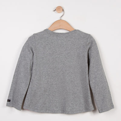 Long sleeved T-shirt for Girls in marl jersey with an applied motif of girl. Round neck with trim, fastened by pearly press studs at the shoulder. By Catimini.