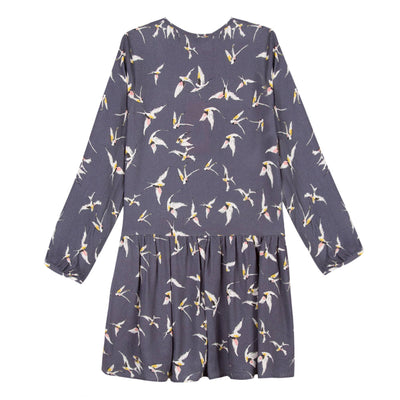 Girls Multicolored Bird Printed Grey Dress