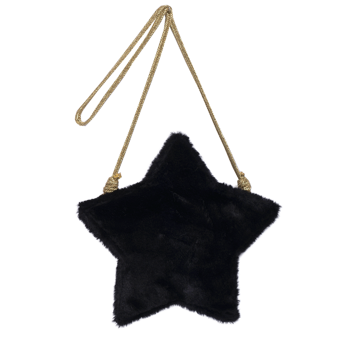 Black faux fur girls purse in the shape of a star with zipper in the back. Strap is made of gold fabric and designed by Imoga.