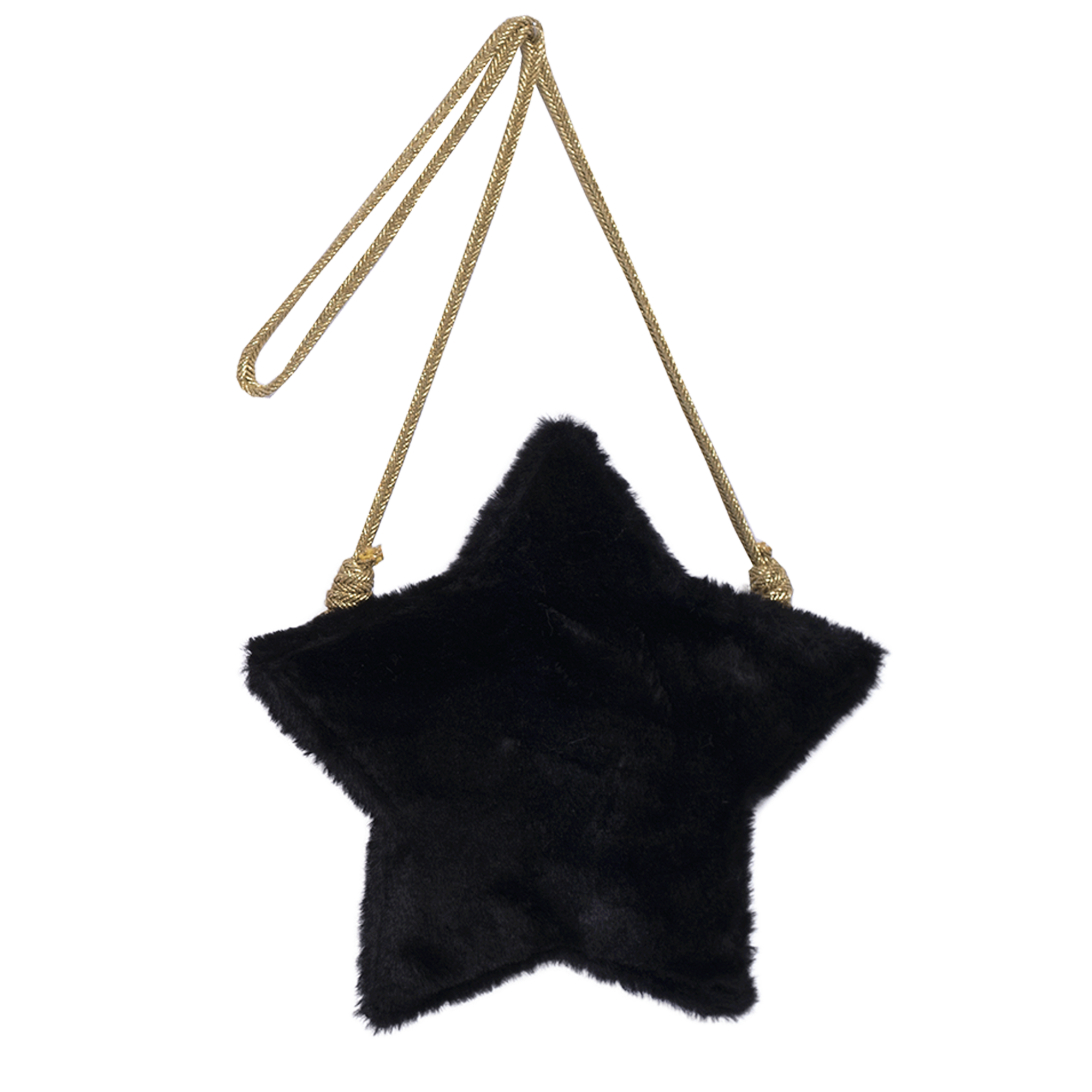 Black faux fur girls purse in the shape of a star with zipper in the back. Strap is made of gold fabric and designed by Imoga.