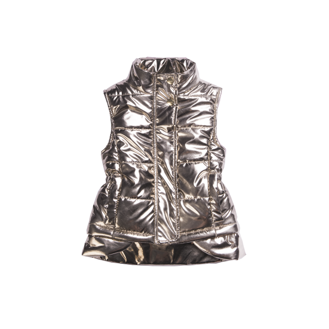 Girls high low puffer vest with front pockets in shiny gold deigned by Imoga.