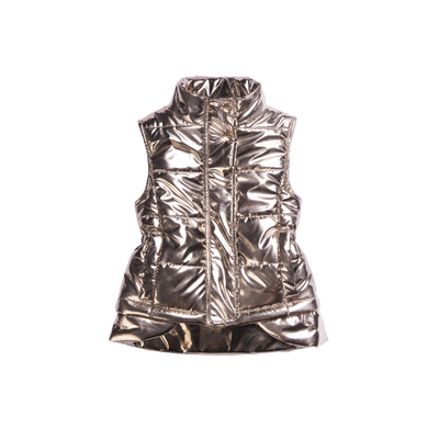 Girls high low puffer vest with front pockets in shiny gold deigned by Imoga.