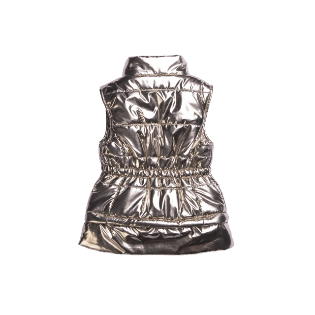 Girls high low puffer vest with front pockets in shiny gold deigned by Imoga.
