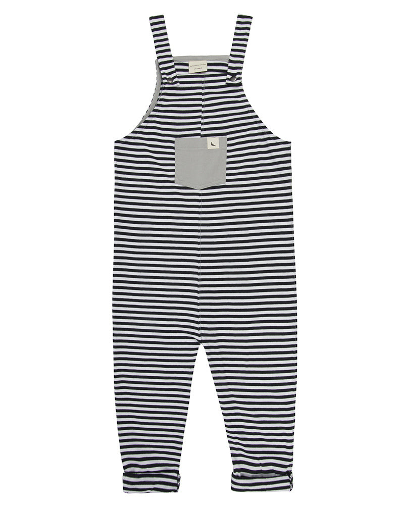 Unisex organic cotton black and white striped dungaree by TurtleDove London.