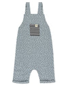Unisex organic cotton short overalls in blue and white sprinkle print with a striped patch in the front. Shop TurtleDove London now.