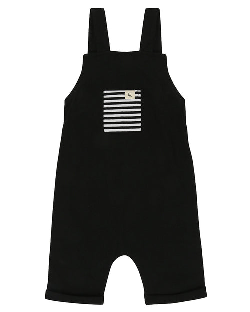 Unisex organic cotton short overalls in black with a striped patch in the front. Shop TurtleDove London now.