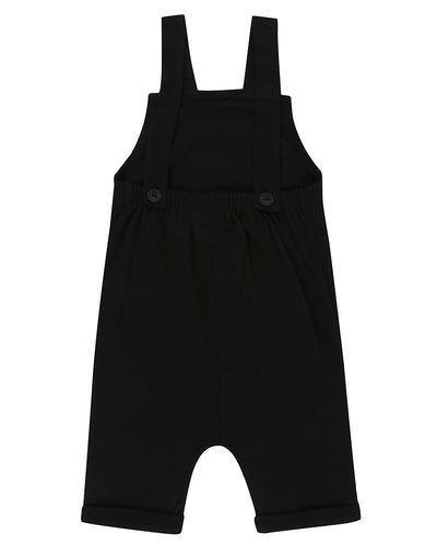 Unisex organic cotton short overalls in black with a striped patch in the front. Shop TurtleDove London now.
