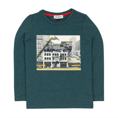 Jean Bourget long-sleeved green cotton and polyester tee is printed with a black and white city image, enhanced with contrasting yellow and red details.
