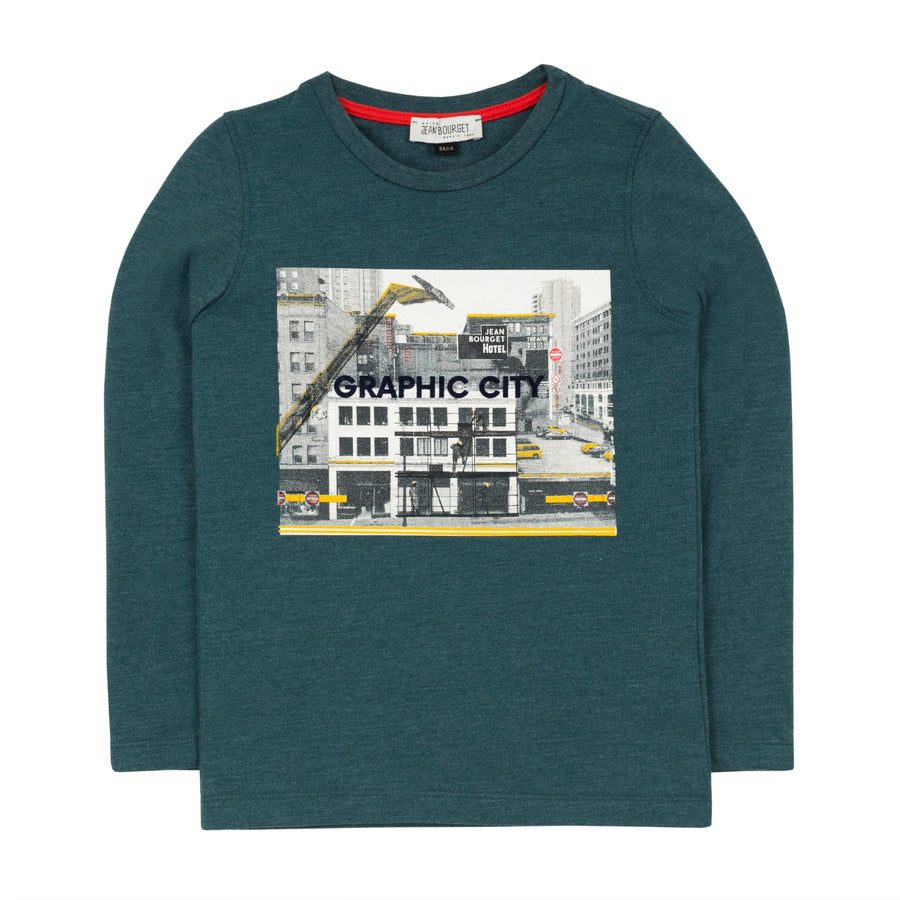 Jean Bourget long-sleeved green cotton and polyester tee is printed with a black and white city image, enhanced with contrasting yellow and red details. 