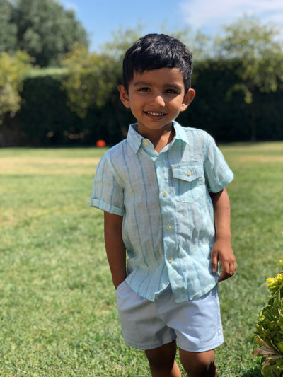 Boys Green & Blue Striped Woven Shirt