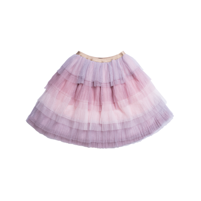 Knee lenght multi-layered tutu skirt with shads of pinks and purples designed by Imoga.