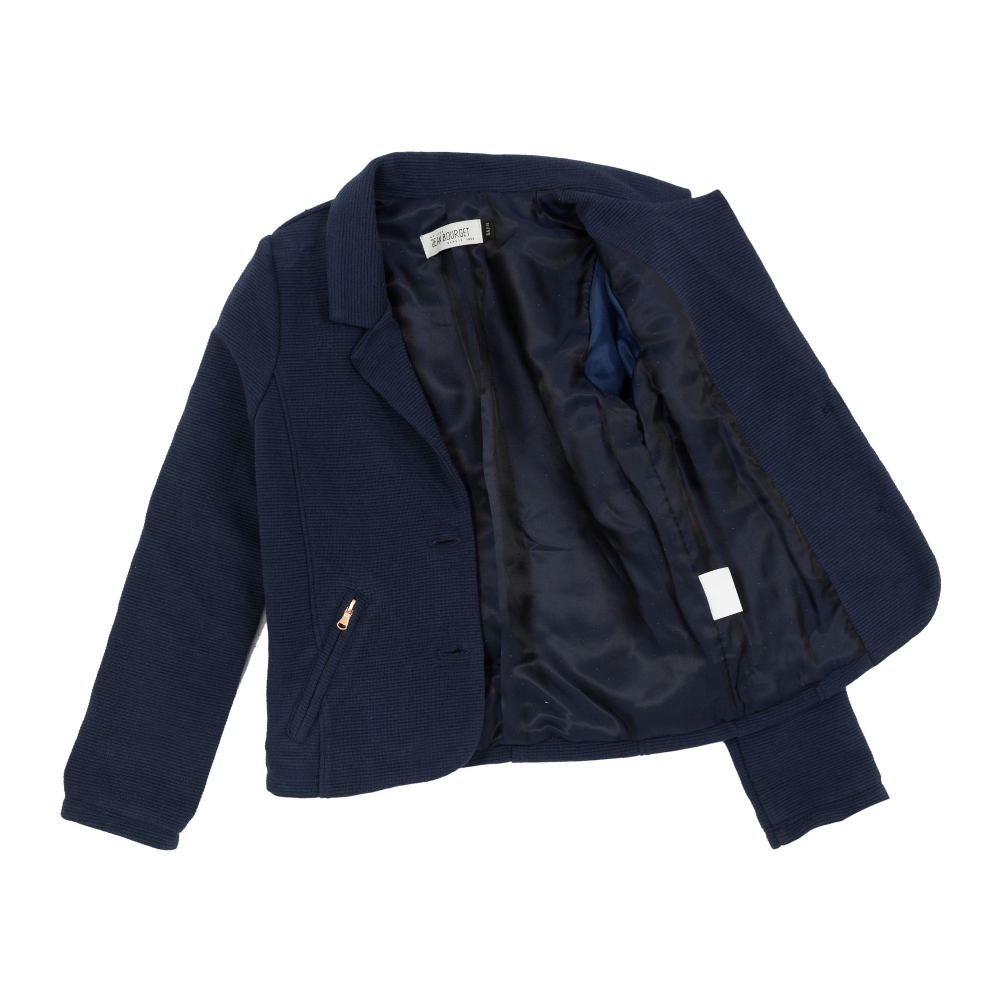 Jena Bourget navy blue mesh blazer is streaked with thin ribs. With two large buttons surrounded by copper edge